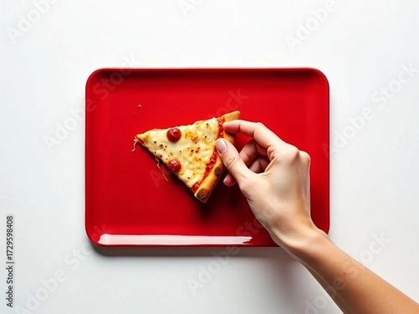 Fototapeta Woman's hand picking up a fresh slice of cheese pizza from a bright red tray. Minimalist food flat lay isolated on white.