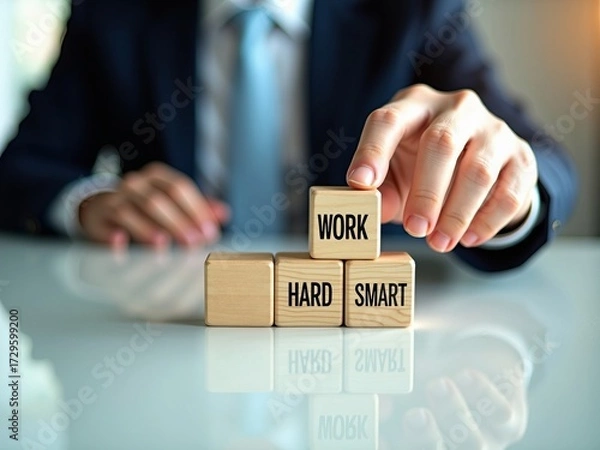 Fototapeta Work smart not hard concept for business strategy and efficiency. Businessman arranging wooden blocks for motivation.