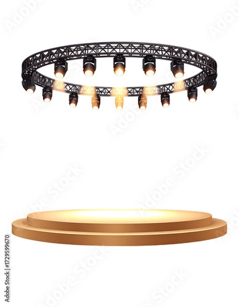 Fototapeta Circular, dark metal chandelier above a light beige, round platform