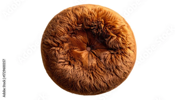 Fototapeta Round, plush, light brown sheepskin cushion, top view