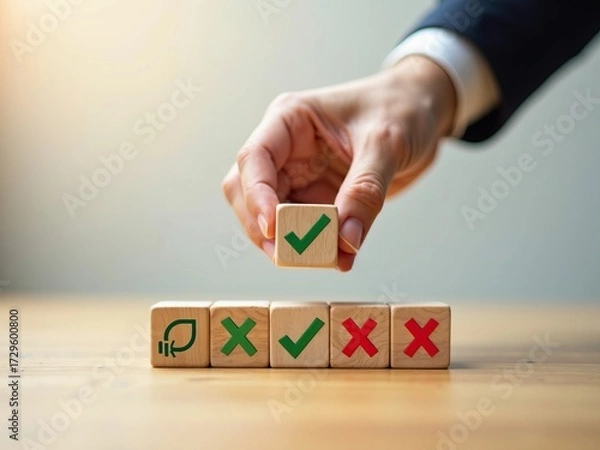 Fototapeta Corporate sustainability and ESG decision making with a businessman's hand choosing a green check mark on wooden blocks.