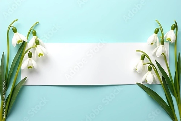 Fototapeta Springtime greeting card and invitation mockup with delicate snowdrop flowers framing a blank white paper banner.