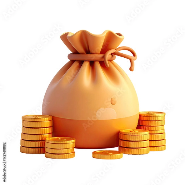 Fototapeta A 3D render of a peach-colored money bag with a stack of gold coins beneath it