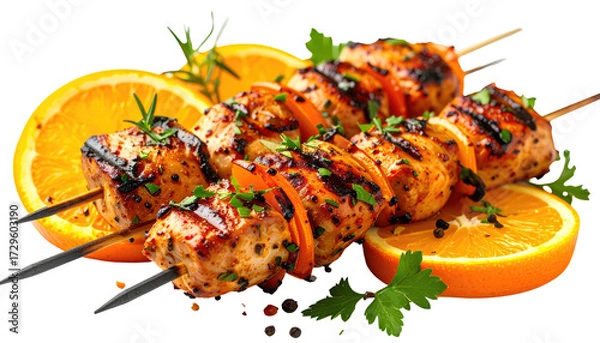Obraz Grilled chicken skewers with orange slices and herbs