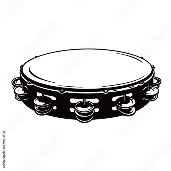Fototapeta black and white silhouette of a tambourine vector on a white background