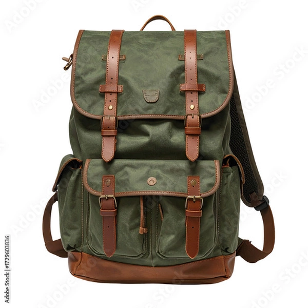 Fototapeta Olive green canvas backpack with tan leather accents.  Durable,  functional,  and stylish.  Features multiple compartments,  and strong straps