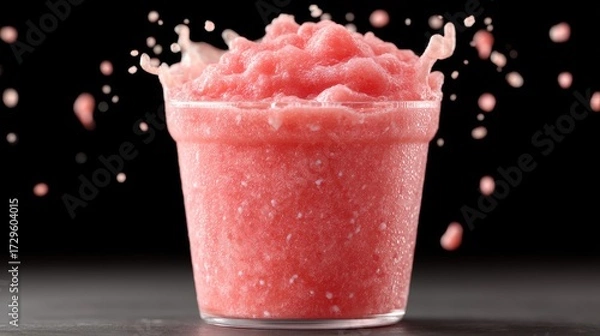 Fototapeta Macro Shot of Pink Strawberry Smoothie Splash in Clear Glass on Dark Background