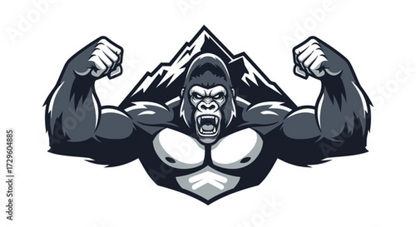 Fototapeta Powerful Gorilla Mascot with Biceps Flexed and Mountain Backdrop.