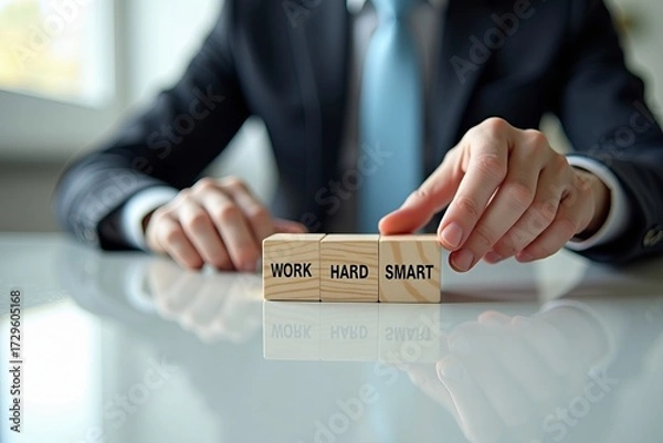 Fototapeta Smart work over hard work concept for business success. Professional manager arranging wooden blocks on an office desk.
