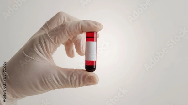 Fototapeta Blood sample held by medical professional wearing sterile glove in lab, perfect for health, research, and medical content, showcasing care and precision