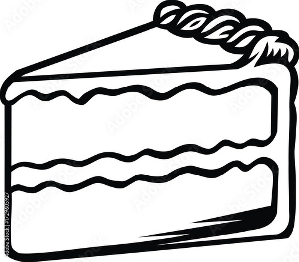 Fototapeta Simple Line Drawing of a Frosted Cake Slice for Dessert Designs