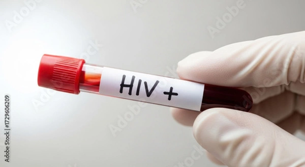 Fototapeta Positive HIV blood test sample held by gloved hand for medical research, raising awareness and promoting prevention strategies in healthcare settings