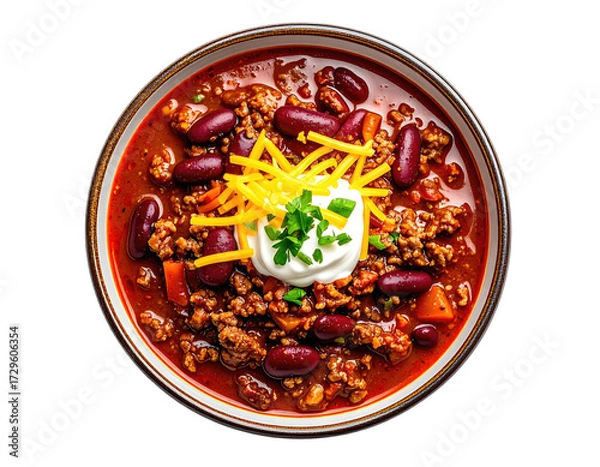 Fototapeta Hearty chili in a bowl, topped with sour cream, shredded cheese, and green onions