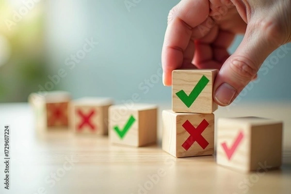 Fototapeta Decision making and evaluation concept with a hand choosing a green check mark block over a red cross for approval.