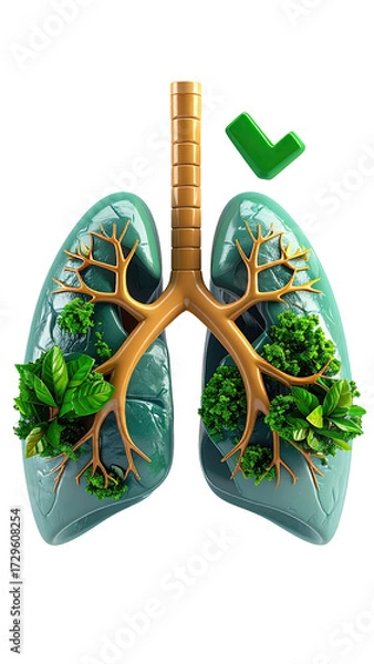 Fototapeta Healthy lungs depicted with plant life inside, symbolizing environmental health.  A checkmark signifies approval or wellness