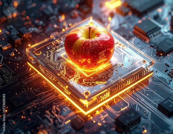 Obraz Red apple rests on a glowing computer chip