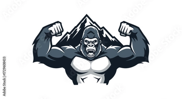 Fototapeta Strong Gorilla Flexing Muscles with Mountain Background Symbolizing Power and Strength.