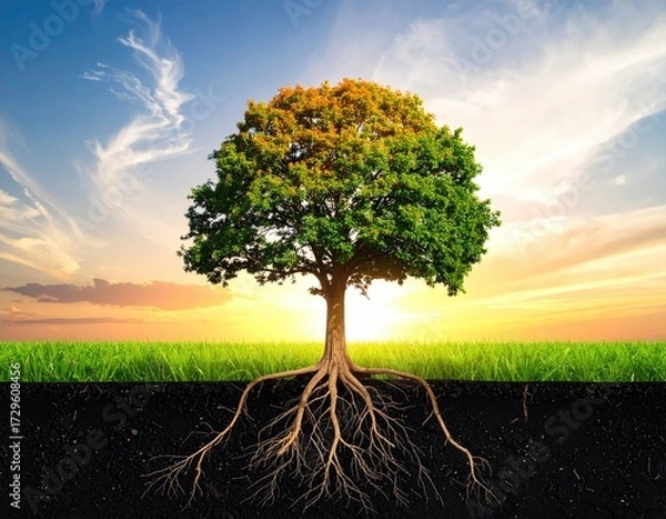 Obraz Tree with roots exposed beneath grass against sunset