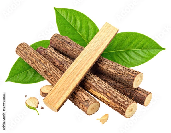 Obraz A pile of light and dark brown wooden sticks, some whole and some broken, nestled amongst bright green leaves