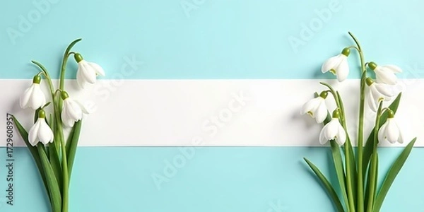Fototapeta Springtime greeting card background with fresh snowdrop flowers. Delicate floral border on a pastel blue backdrop.