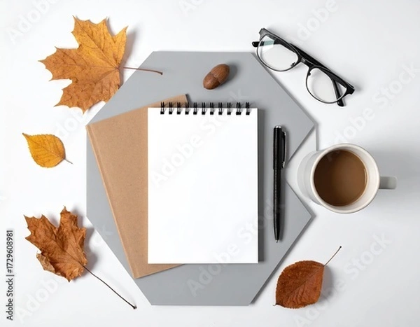 Obraz Fall desktop mockup notebook, coffee, leaves, & glasses
