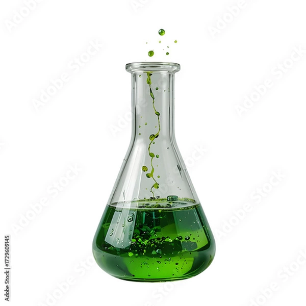 Fototapeta Erlenmeyer flask with green liquid chemical reaction in laboratory glassware isolated on white backg