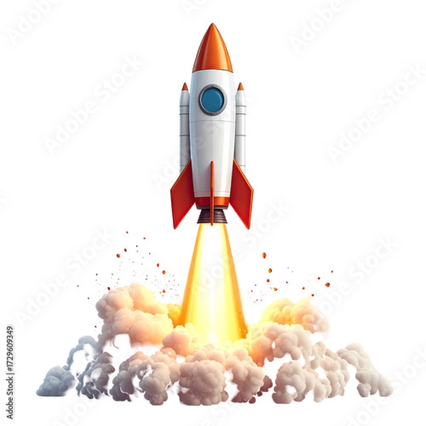 Obraz Rocket launching,  orange and white,  powerful thrust,  smoke plume