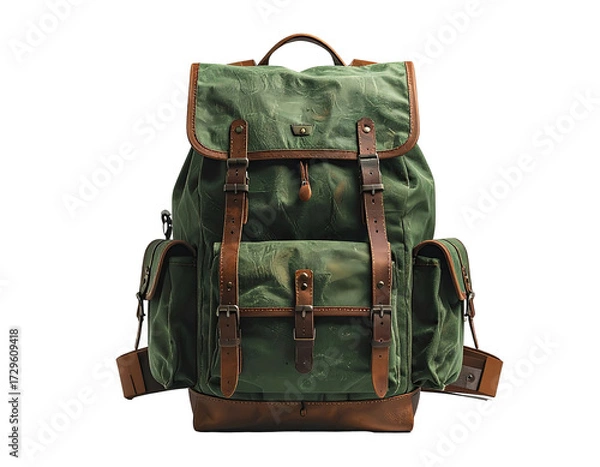 Obraz A green canvas backpack with brown leather accents
