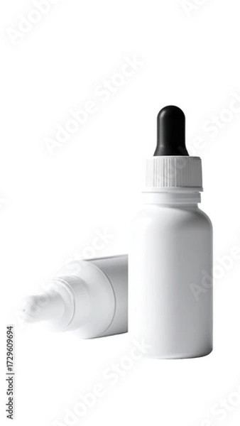 Obraz Two white plastic bottles, one with a dropper top, the other with a nozzle tip, angled in a studio shot