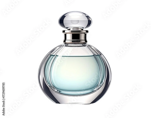 Obraz A clear, round perfume bottle with a light teal liquid inside.  Elegant,  crystal-like glass design.  Delicate,  round,  domed cap