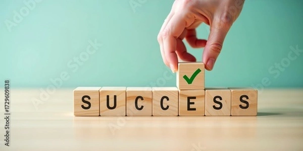 Fototapeta Business success and goal achievement concept. Hand places final wooden block with a green check mark on top