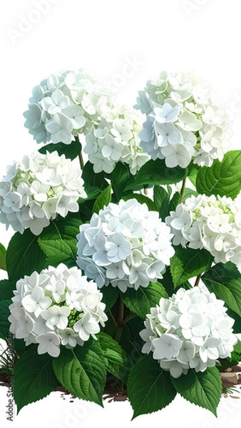 Obraz White hydrangea blossoms in a cluster. Lush foliage surrounds the blooms