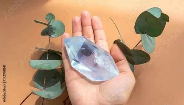Obraz Crystal in hand, greenery. Top-down, soft light