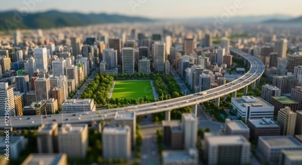 Fototapeta Aerial View of Modern City with Green Park and Elevated Highway in Bright Sunlight