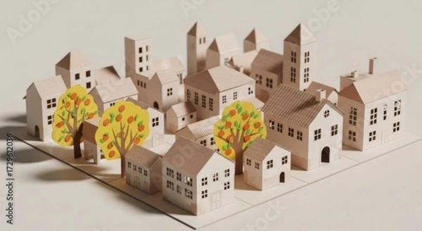 Fototapeta Miniature Paper Model of Residential Neighborhood with Trees on White Background