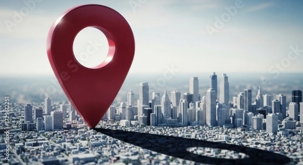 Fototapeta Large Red Location Marker Pin Over City Skyline with Modern Skyscrapers