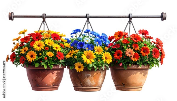Fototapeta Three hanging flower baskets filled with vibrant blooms