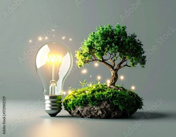 Obraz Lightbulb & small tree with glowing sparks