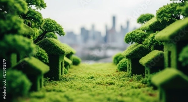 Fototapeta Miniature Green Trees and Houses in a Landscape with City Skyline in the Background
