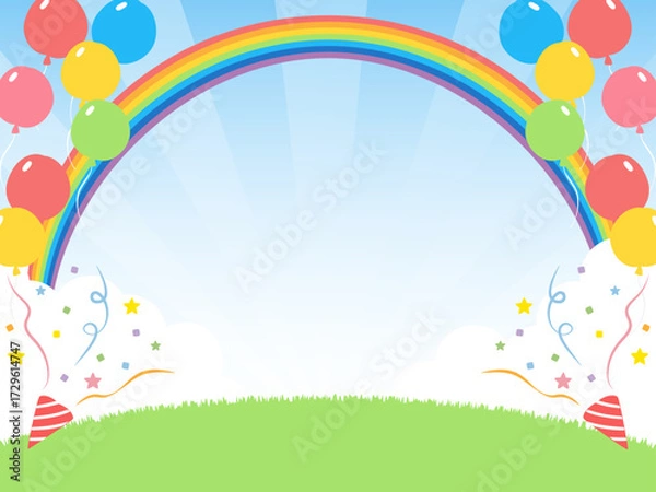 Obraz イベント背景　青空と芝生とクラッカーと虹
