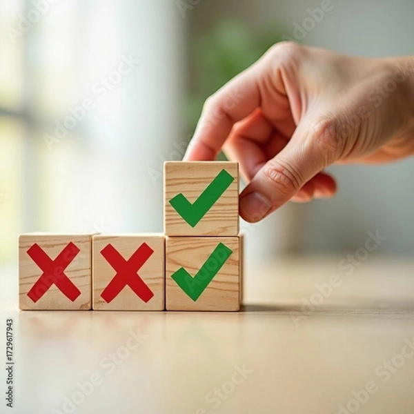 Fototapeta Success and approval concept. Hand stacking wooden blocks with green check marks, symbolizing correct decisions and growth.