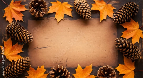 Fototapeta Vibrant autumn maple leaves and rustic pinecones frame a warm wooden background, perfect for seasonal projects and warm invitations.