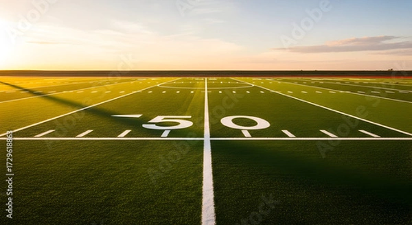 Fototapeta Golden hour sunlight bathes a vibrant green football field with clear yard lines and the iconic 50-yard marker, ready for game day action