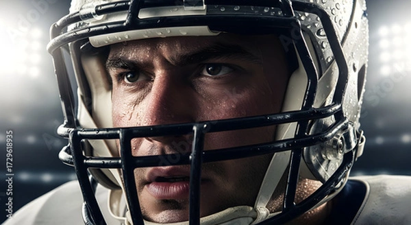 Fototapeta Intense football player in helmet with determined eyes, sweat glistening under stadium lights, ready for action and competition