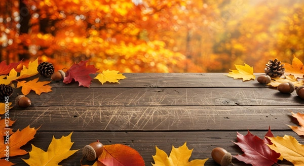 Fototapeta Cozy rustic wooden table adorned with vibrant autumn leaves, acorns, and pinecones, bathed in warm golden light, perfect for seasonal product displays.