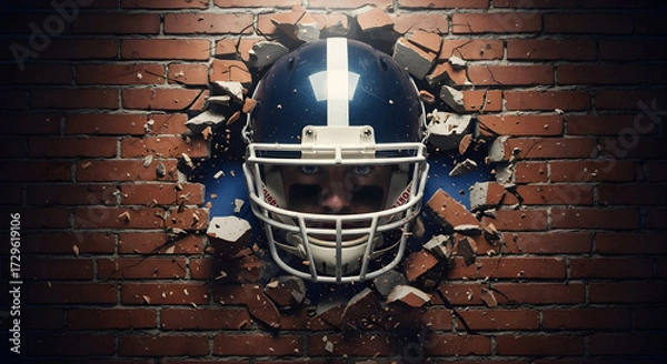 Fototapeta Determined football player smashes through brick wall with intense focus and powerful force, ready for action