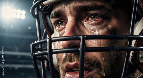 Fototapeta Intense football player's face, sweat dripping, eyes red with emotion under stadium lights, conveying struggle and determination