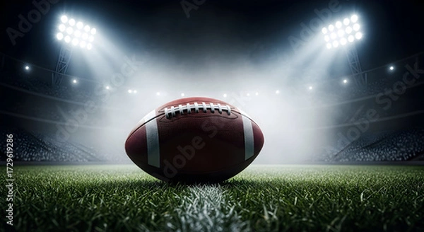 Fototapeta American football resting on the grass under stadium lights evokes the thrill of the game, ready for action, competition, and victory