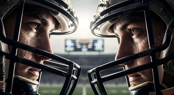 Fototapeta Intense American football players in helmets, sweat glistening, staring intensely on game day with stadium and scoreboard blurred background