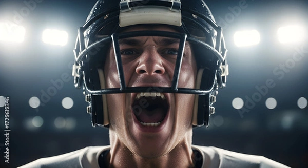 Fototapeta Intense American football player in helmet screams with raw emotion under stadium lights, ready for game day victory.
